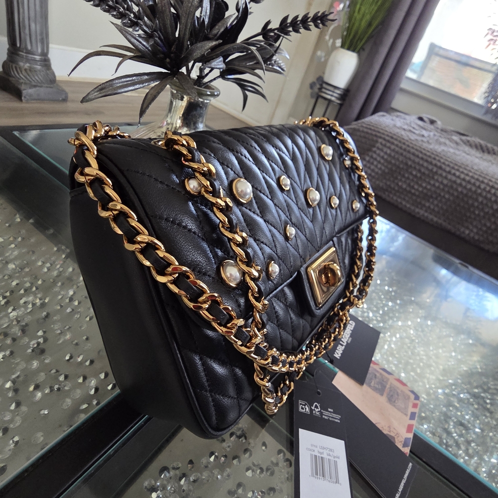 Karl Lagerfeld Black Quilted Shoulder Bag with Gold Chain and Pearl Accents - Picture 2 of 9